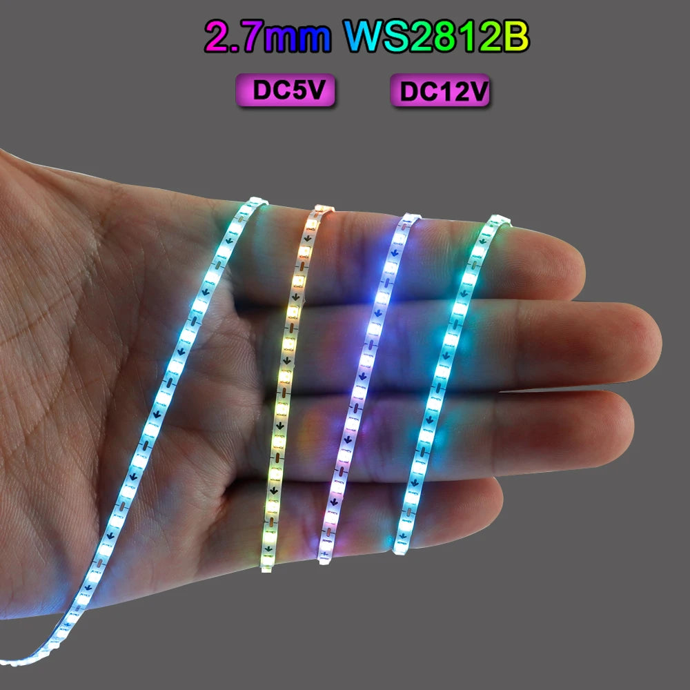 WS2812B RGBIC LED Strip – 2.7mm Ultra Narrow 160 LEDs/m Individually Addressable Dreamcolor Light DC5V/12V