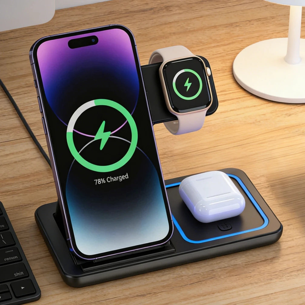 Foldable 3-in-1 Wireless Charging Station – Fast Charger Stand for iPhone 17/16/15/14/13/12, iWatch & AirPods Pro