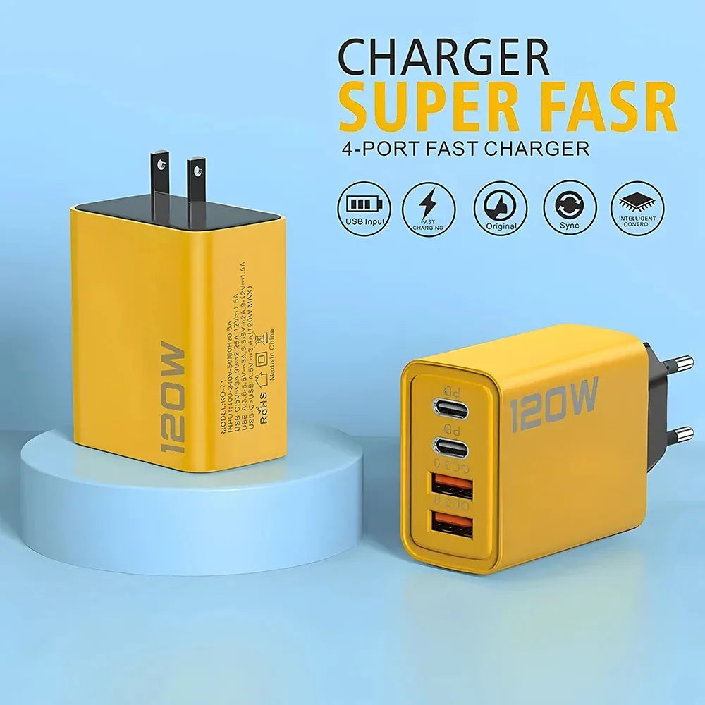 4-Port USB-C PD Fast Charger – Quick Charge 3.0 Type-C Adapter for iPhone 16/15, Samsung, Xiaomi & Huawei