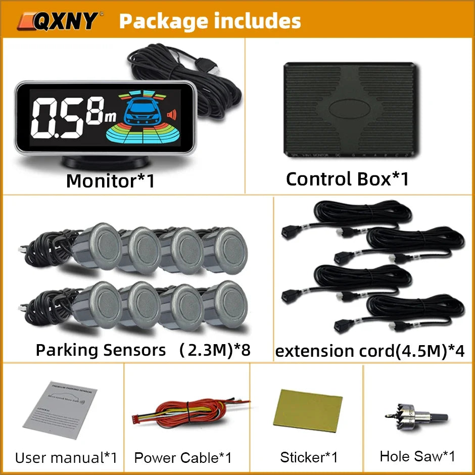 8-Sensor Parktronic Parking Kit – Front & Rear Radar Detector, Backup Assistance with Sound Alert