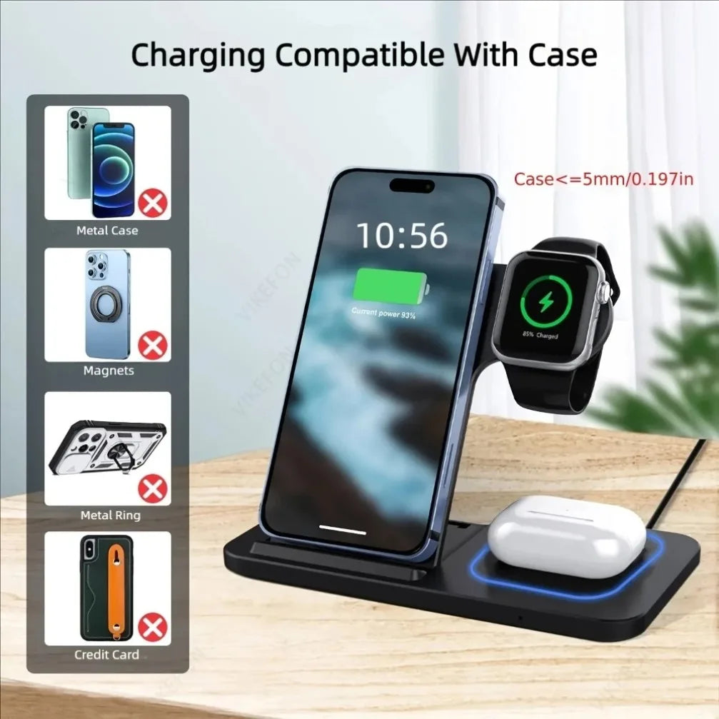 Foldable 3-in-1 Wireless Charging Station – Fast Charger Stand for iPhone 17/16/15/14/13/12, iWatch & AirPods Pro