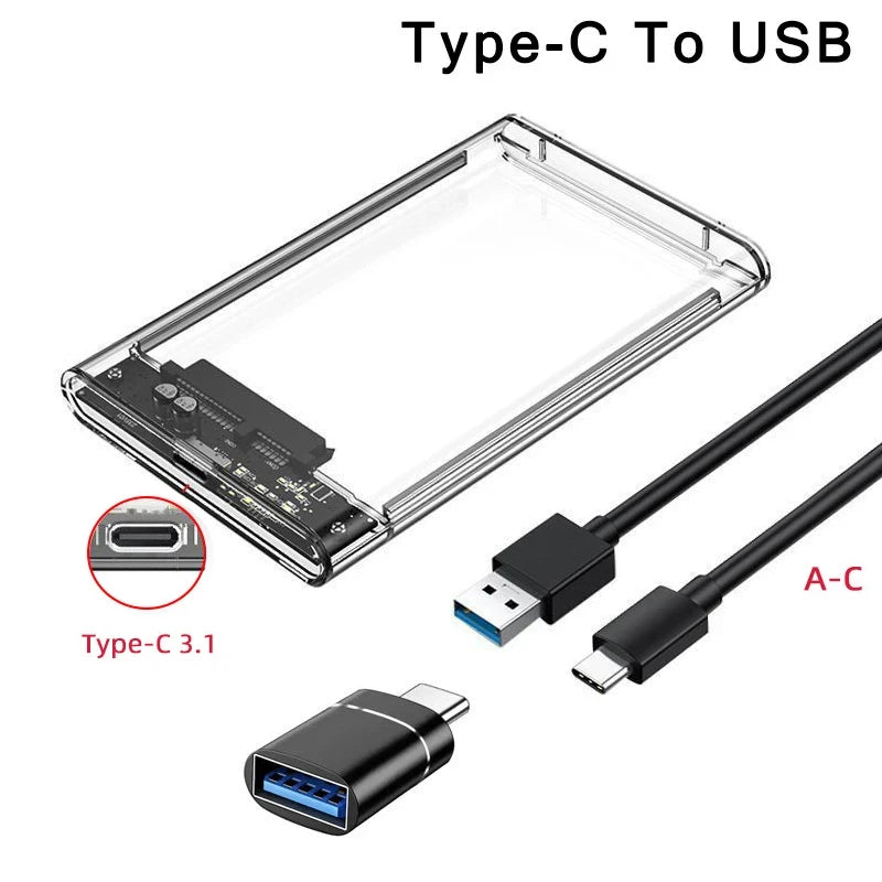 2.5" SSD & HDD Enclosure – Transparent USB 3.0 / Type-C External Hard Drive Case, Tool-Free