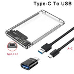 2.5" SSD & HDD Enclosure – Transparent USB 3.0 / Type-C External Hard Drive Case, Tool-Free
