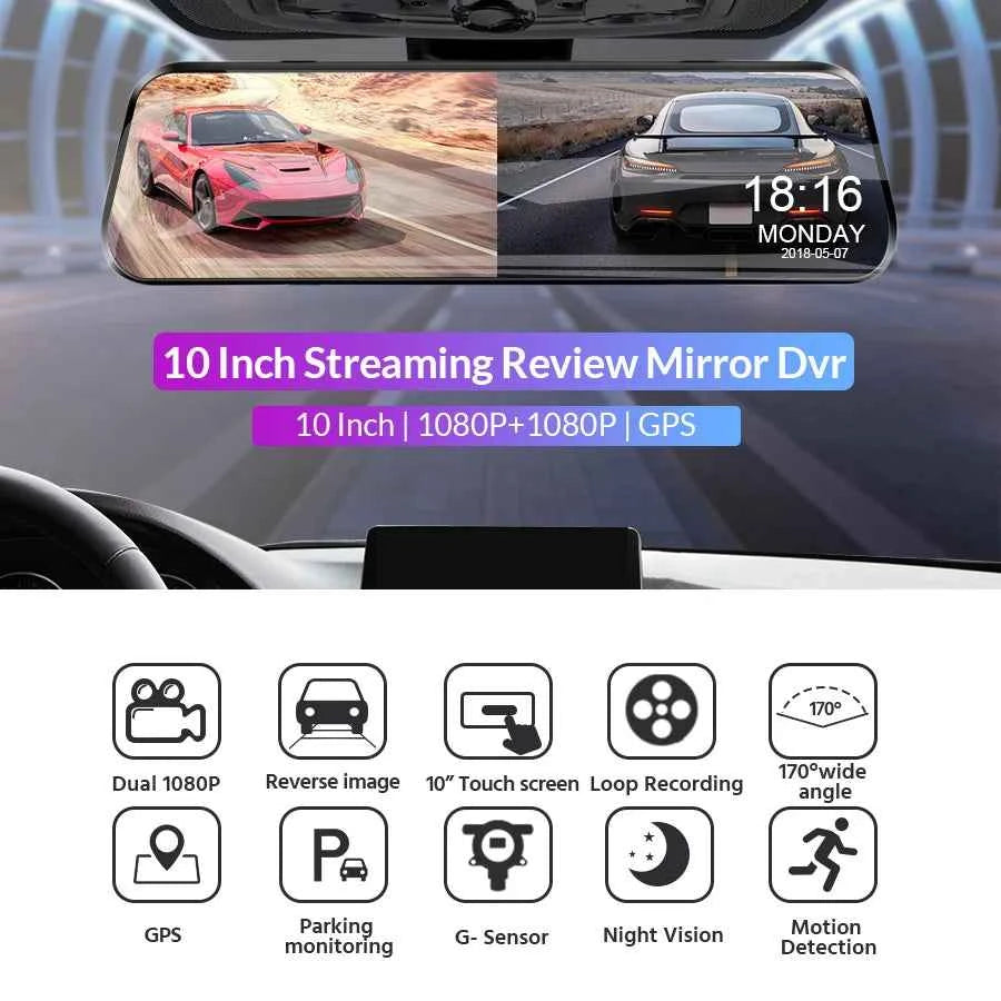 10-Inch Dual 1080P Car DVR Rearview Mirror – Touch Screen Front & Rear Night Vision Dash Cam