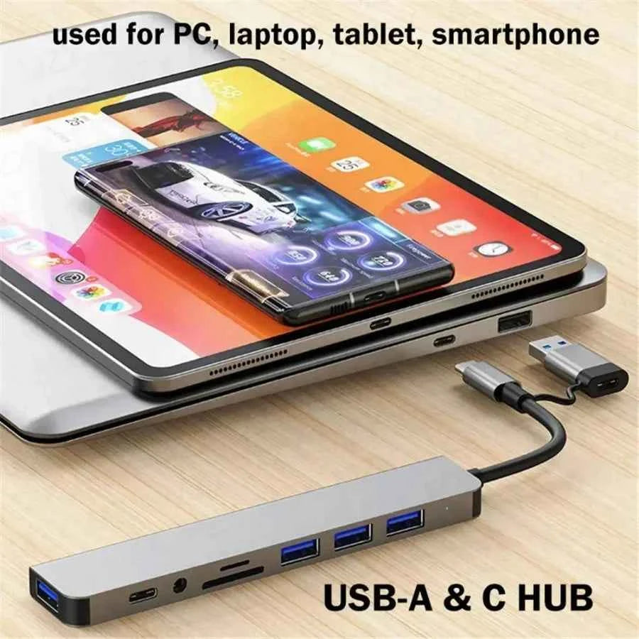 7-in-1 / 8-in-1 USB-C Hub Multiport Adapter – Type-C Splitter Dock with USB 3.0 Ports & Fast Data Transfer for Phone & Tablet