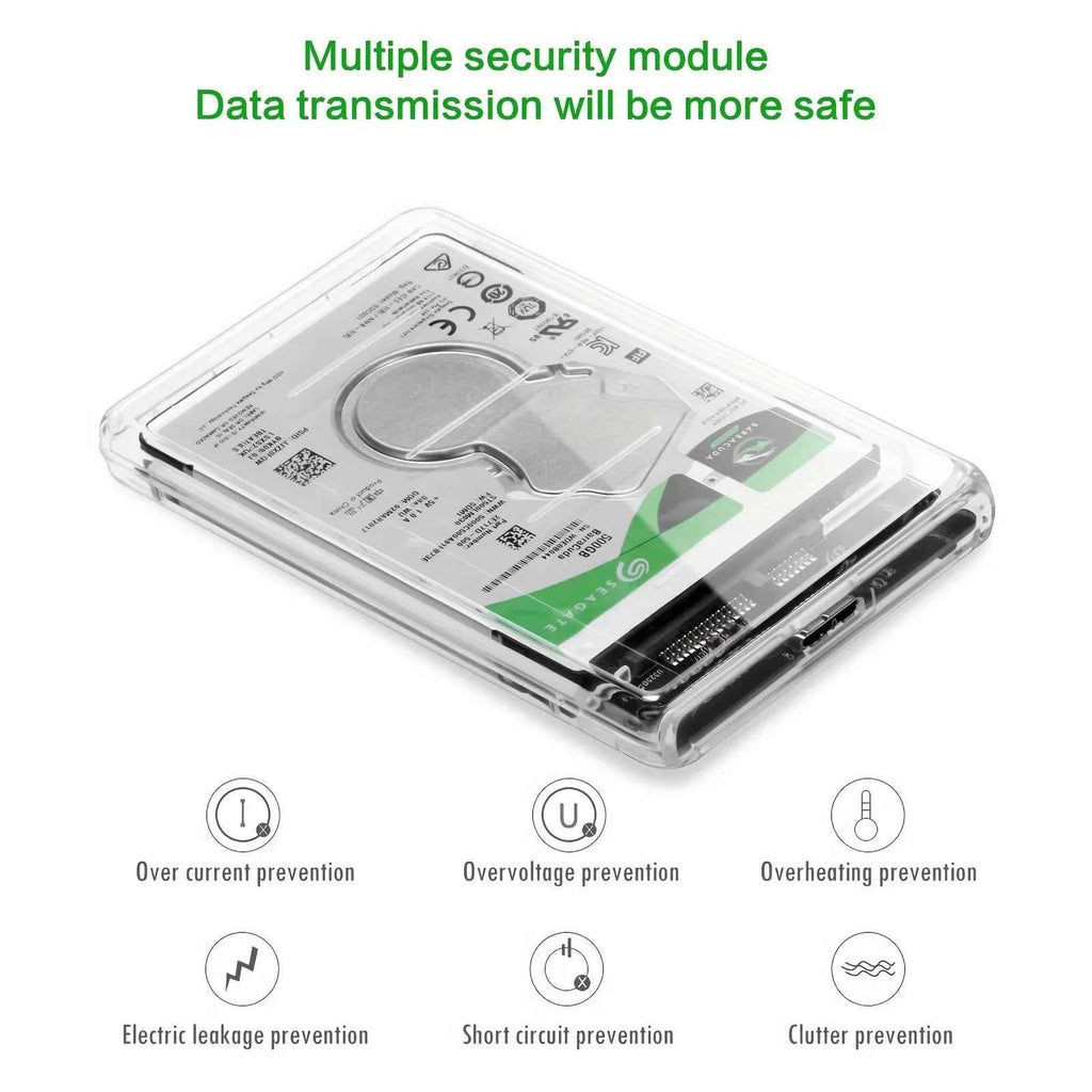 2.5" SSD & HDD Enclosure – Transparent USB 3.0 / Type-C External Hard Drive Case, Tool-Free