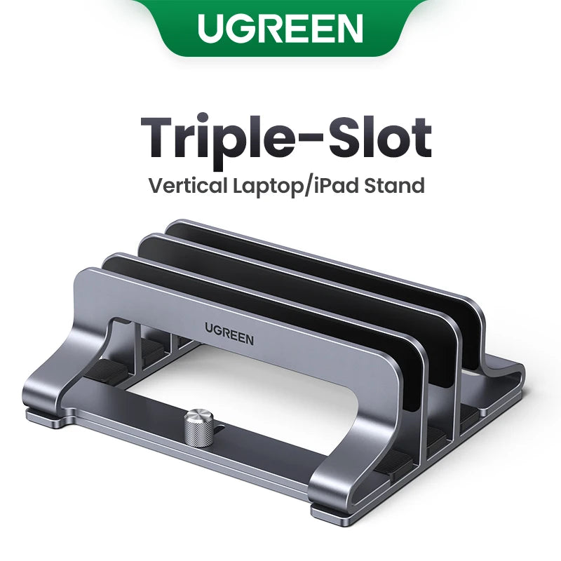 UGREEN Vertical Laptop Stand – Triple Slot Aluminium Notebook Holder for MacBook Pro, iPad & Phone