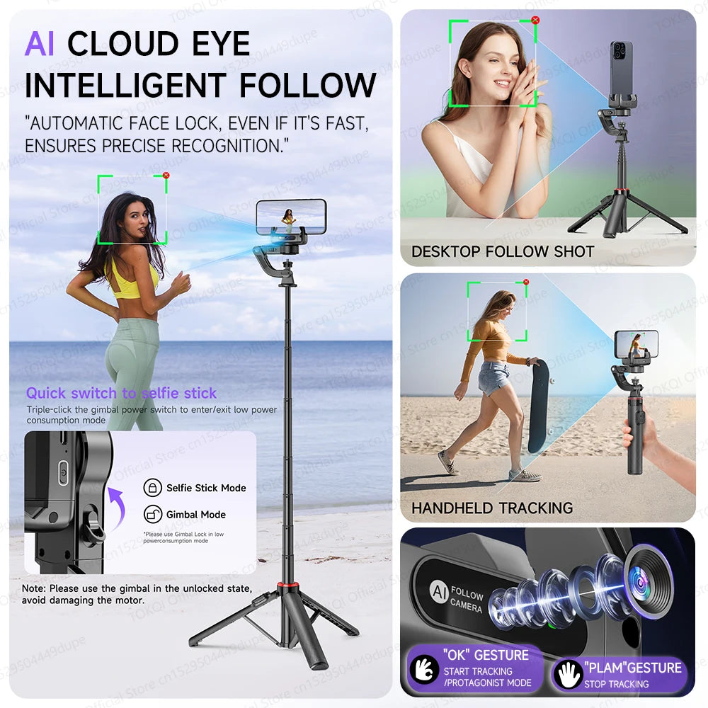 C22 AI Face Tracking Gimbal Stabiliser — 360° Rotation | Selfie Stick & Tripod | Phone & Camera
