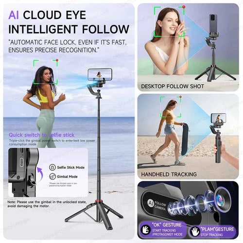 C22 AI Face Tracking Gimbal Stabiliser — 360° Rotation | Selfie Stick & Tripod | Phone & Camera