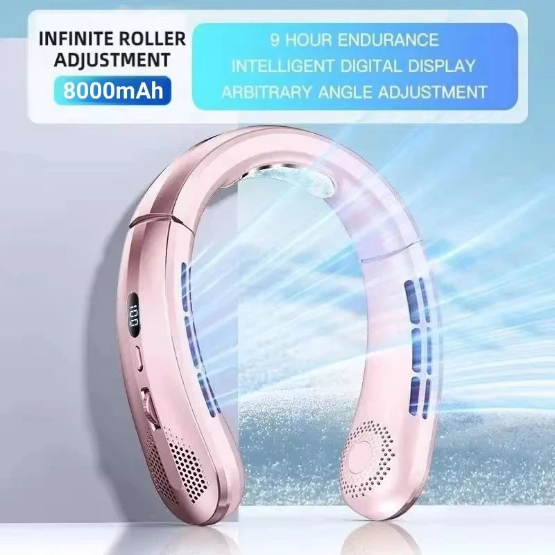 8000mAh Bladeless Neck Fan – Portable USB Rechargeable Hands-Free Air Cooler with LED Display