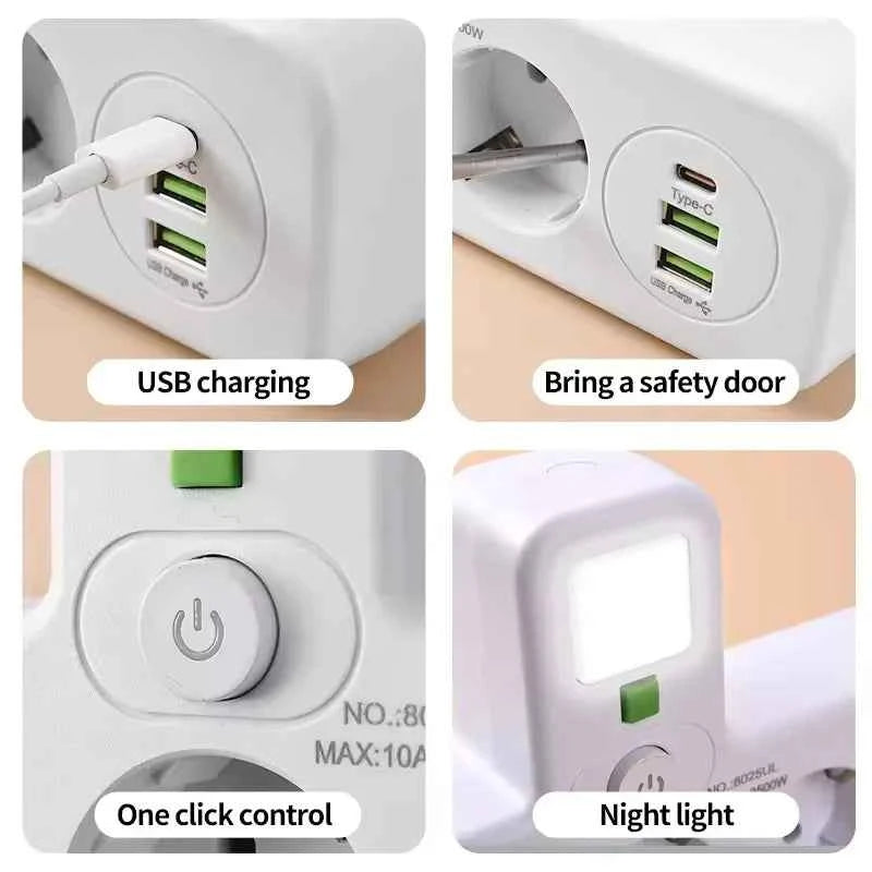 EU Power Strip | 4 AC Outlets, 2 USB + 1 Type-C, Individual Switches & Night Light