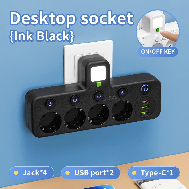 EU Power Strip | 4 AC Outlets, 2 USB + 1 Type-C, Individual Switches & Night Light