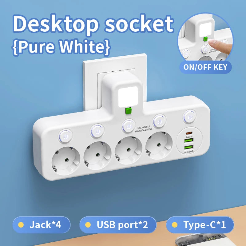 EU Power Strip | 4 AC Outlets, 2 USB + 1 Type-C, Individual Switches & Night Light