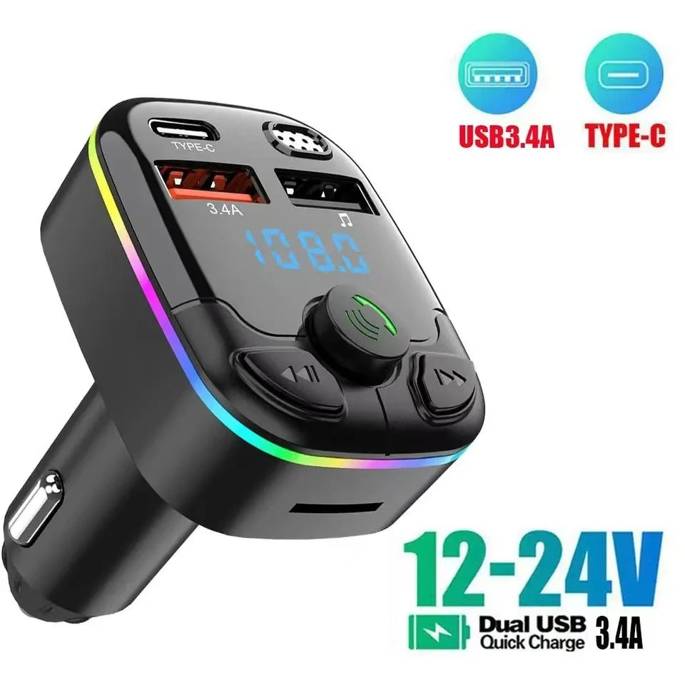 Bluetooth 5.0 Car FM Transmitter & Charger – PD USB-C, Dual USB, Hands-Free MP3 Player with Ambient Light