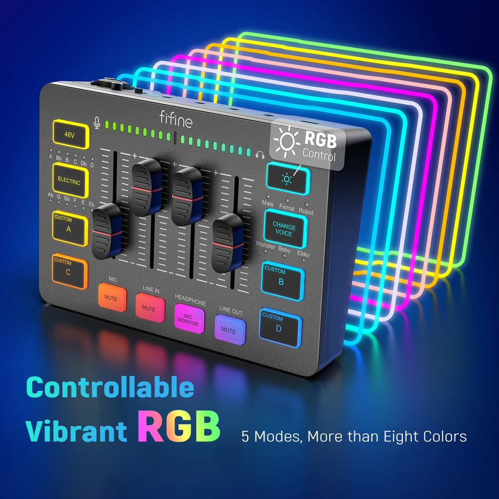 FIFINE SC3 Gaming Audio Mixer | 4-Channel RGB Streaming Mixer with XLR Input
