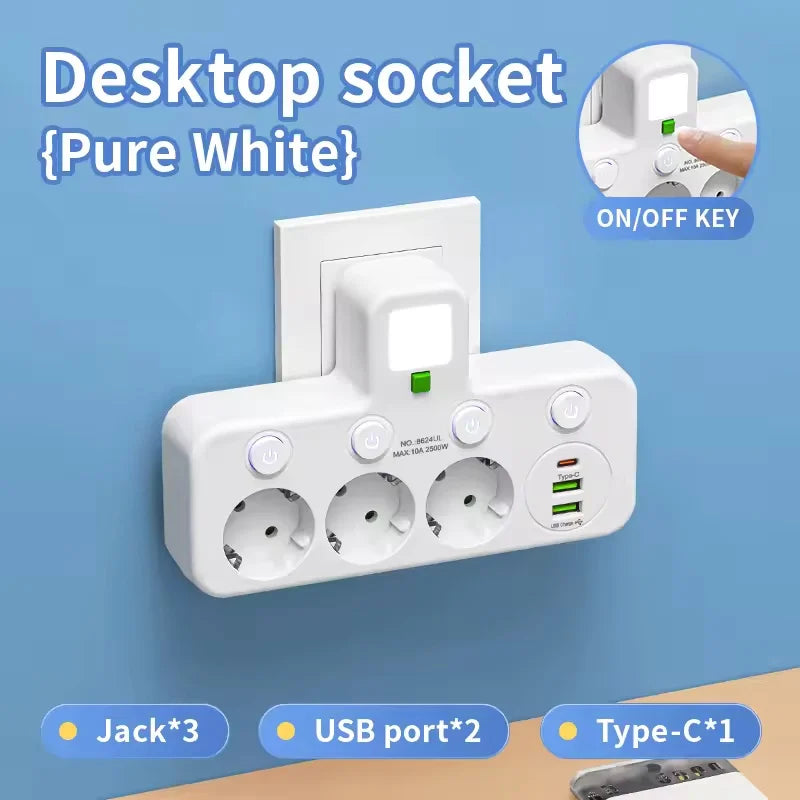 EU Power Strip | 4 AC Outlets, 2 USB + 1 Type-C, Individual Switches & Night Light