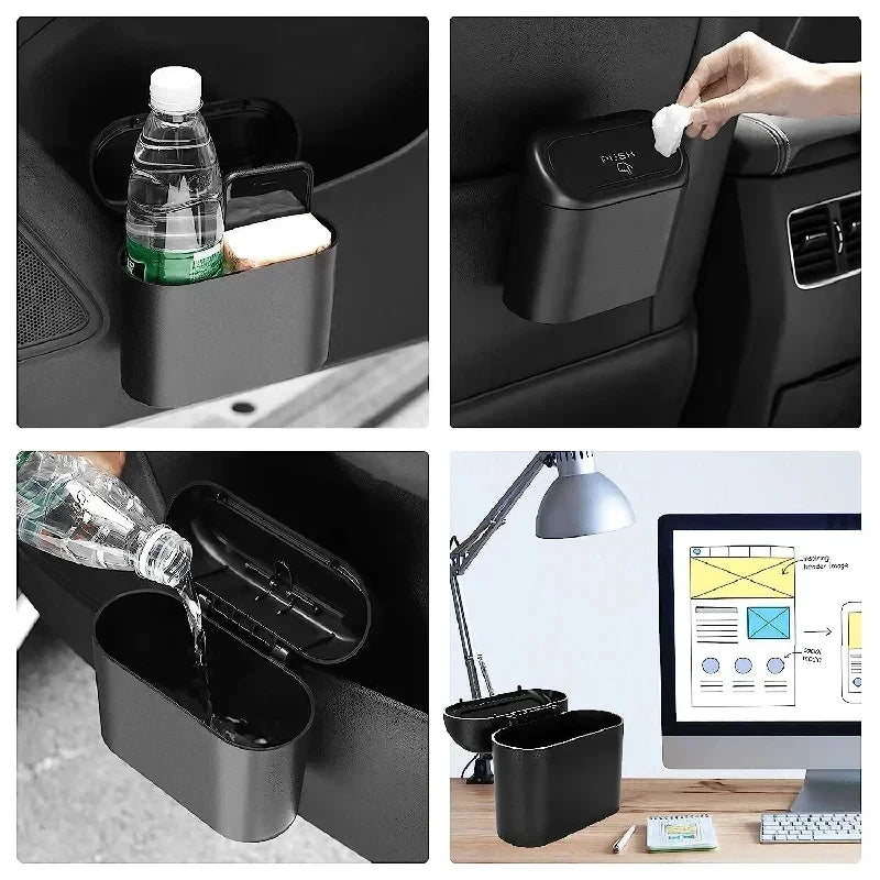 HOMEFISH Mini Car Trash Can with Lid – Leak-Proof Press-Top Bin with 3 Rolls of Black Garbage Bags
