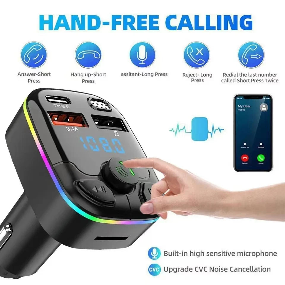 Bluetooth 5.0 Car FM Transmitter & Charger – PD USB-C, Dual USB, Hands-Free MP3 Player with Ambient Light