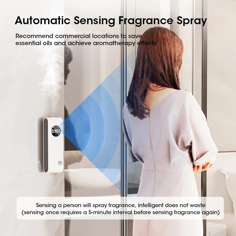 Rapuntek™ Wall-Mounted Automatic Sensor Fragrance Diffuser – USB Rechargeable with Clock | Home & Office Air Freshener