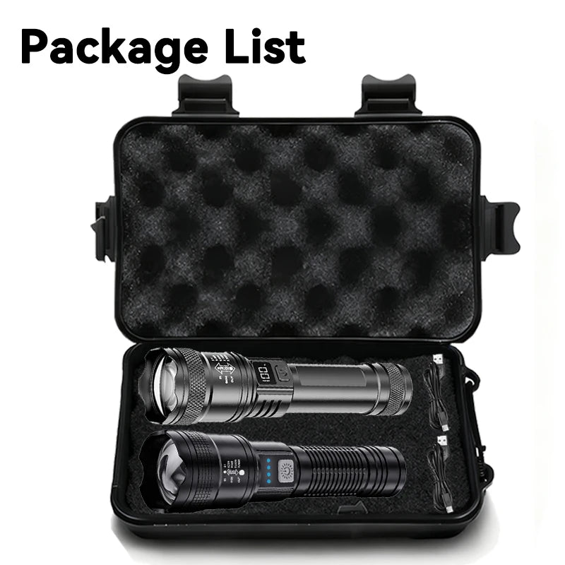 ZHIYU Taktische LED-Taschenlampe 2000LM – Zoombar, USB wiederaufladbar mit Powerbank & Display | Camping, Angeln, Notfall
