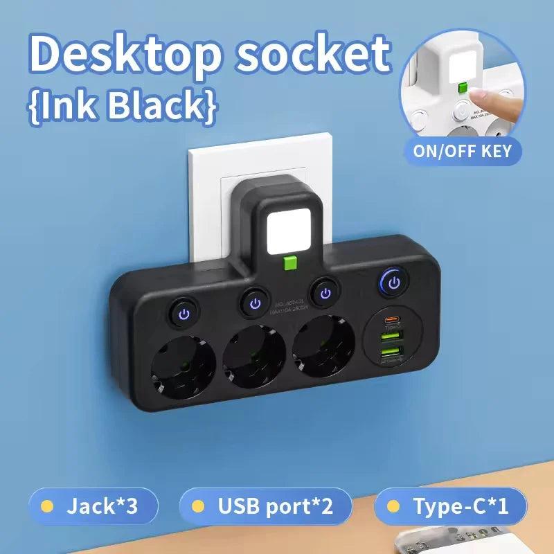 EU Power Strip | 4 AC Outlets, 2 USB + 1 Type-C, Individual Switches & Night Light