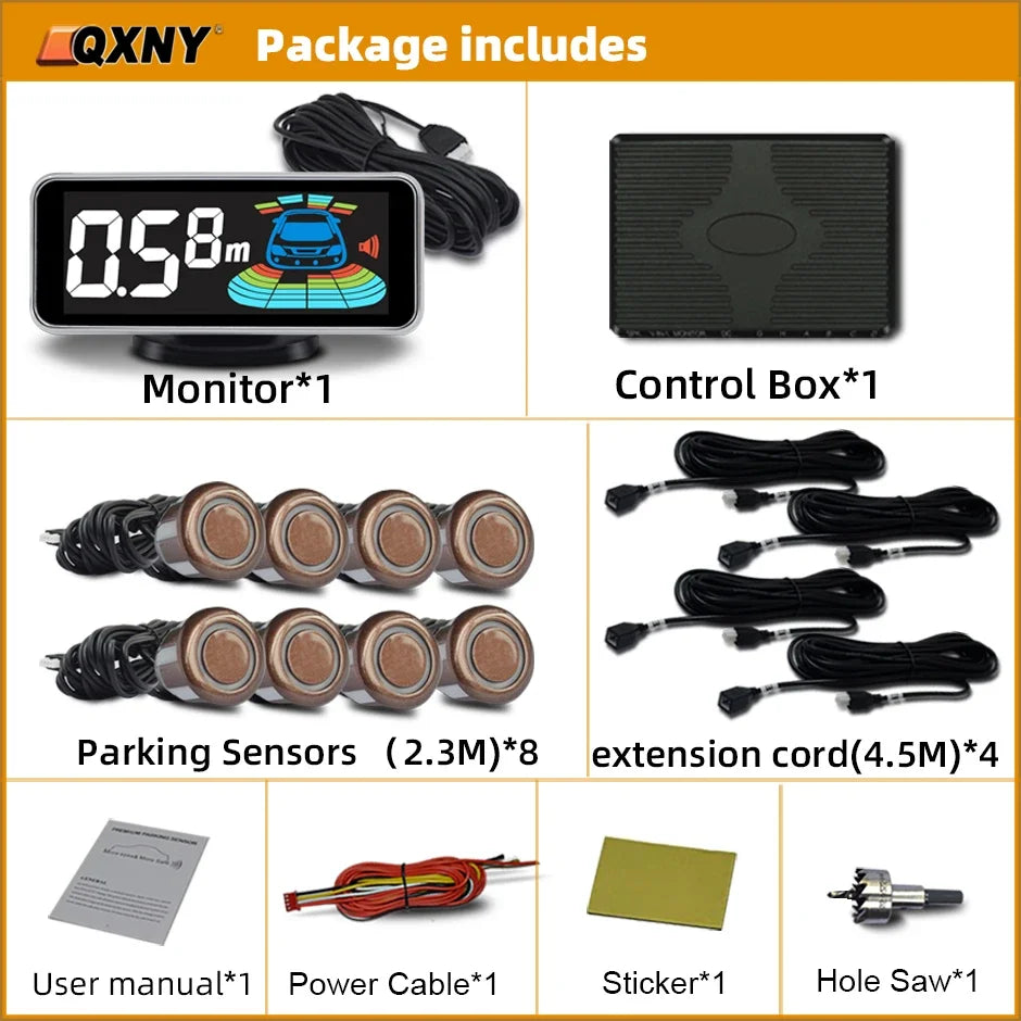 8-Sensor Parktronic Parking Kit – Front & Rear Radar Detector, Backup Assistance with Sound Alert