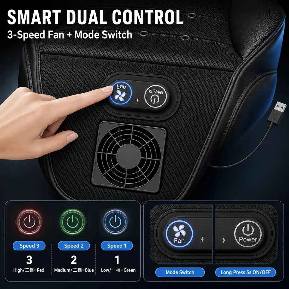 USB Car Seat Cooling Cushion – 3-Speed Fan Ventilated Full Back Seat Pad for Summer