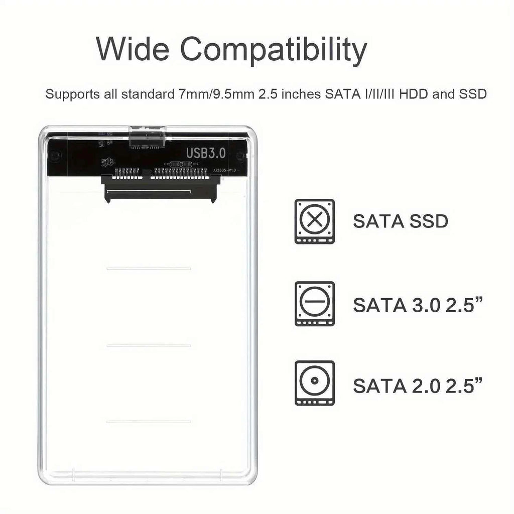 2.5" SSD & HDD Enclosure – Transparent USB 3.0 / Type-C External Hard Drive Case, Tool-Free
