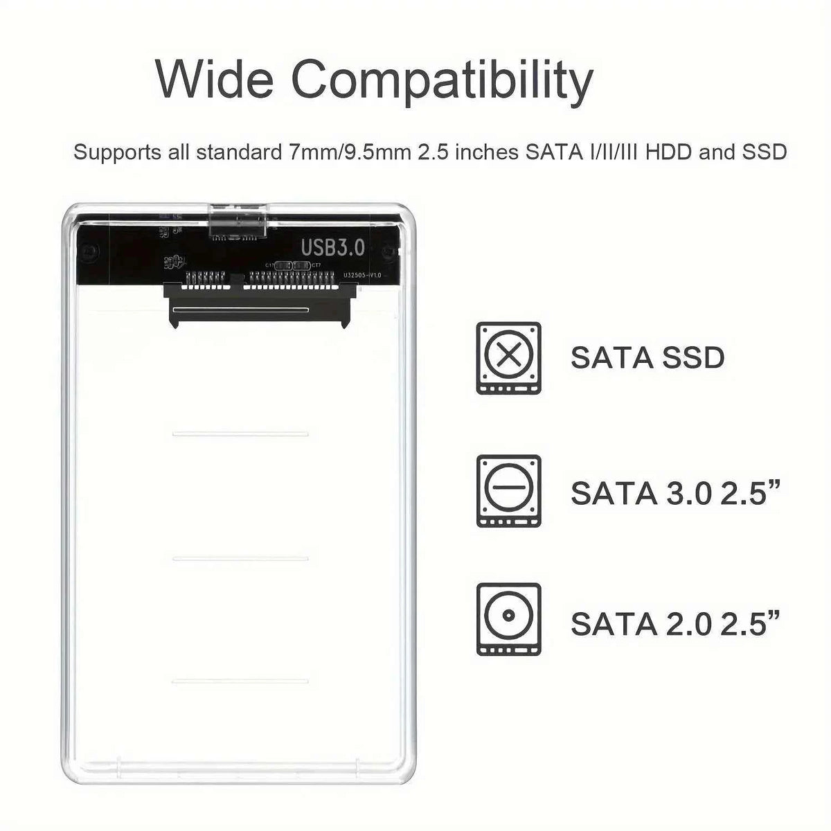 2.5" SSD & HDD Enclosure – Transparent USB 3.0 / Type-C External Hard Drive Case, Tool-Free