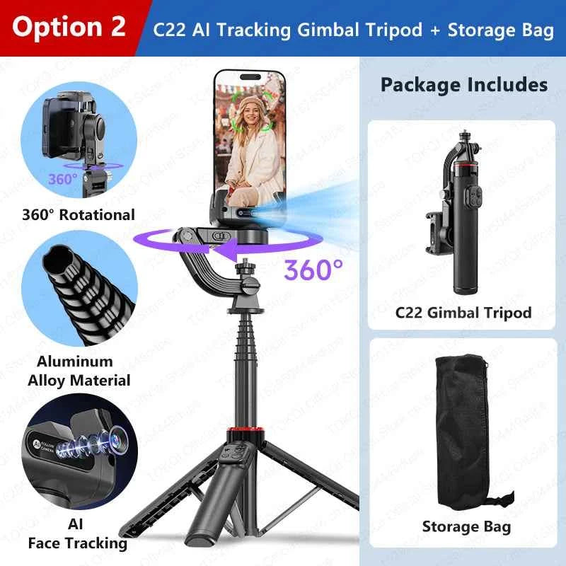 C22 AI Face Tracking Gimbal Stabiliser — 360° Rotation | Selfie Stick & Tripod | Phone & Camera