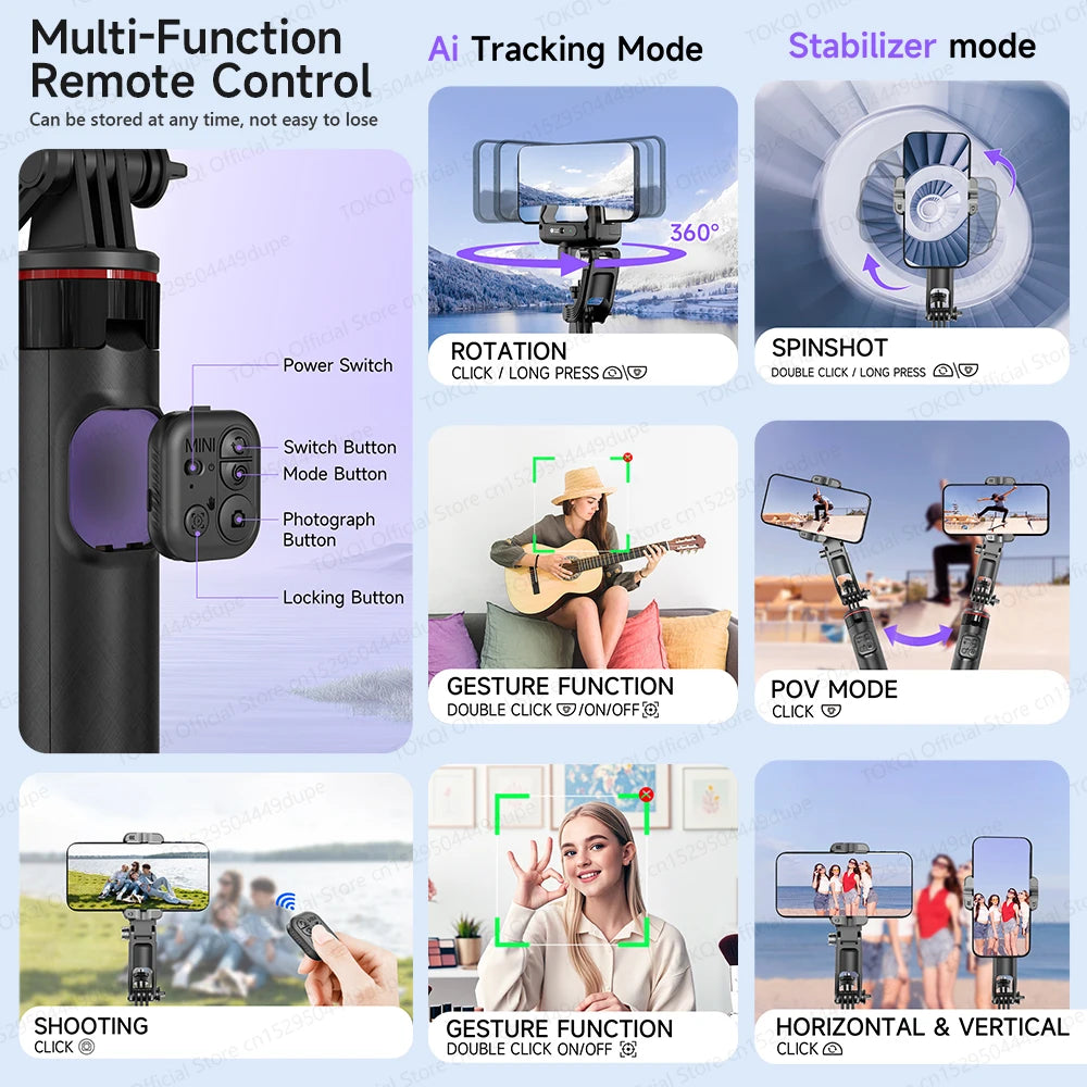C22 AI Face Tracking Gimbal Stabiliser — 360° Rotation | Selfie Stick & Tripod | Phone & Camera