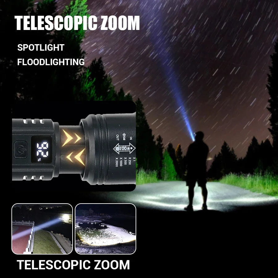 ZHIYU Tactical LED Flashlight 2000LM – Zoomable USB Rechargeable Torch with Power Bank & Display | Camping, Fishing, Emergency