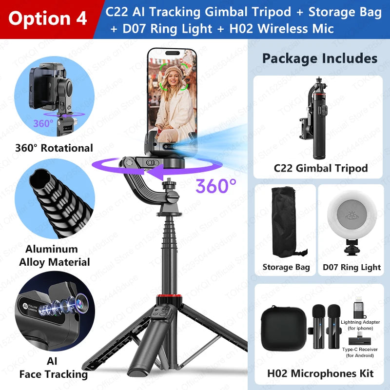 C22 AI Face Tracking Gimbal Stabiliser — 360° Rotation | Selfie Stick & Tripod | Phone & Camera