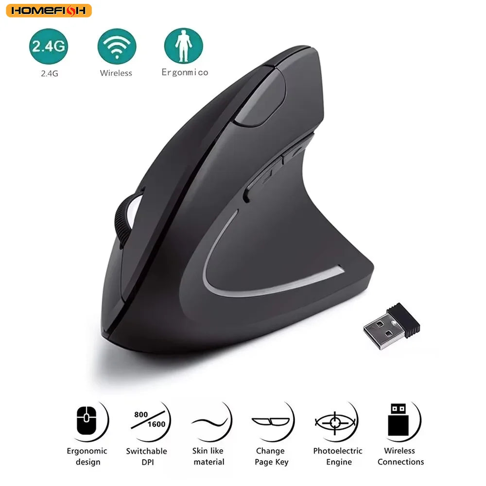 HOMEFISH Ergonomic Vertical Wireless Mouse – 2.4GHz, 3 DPI Levels, 6 Buttons for Laptop & PC