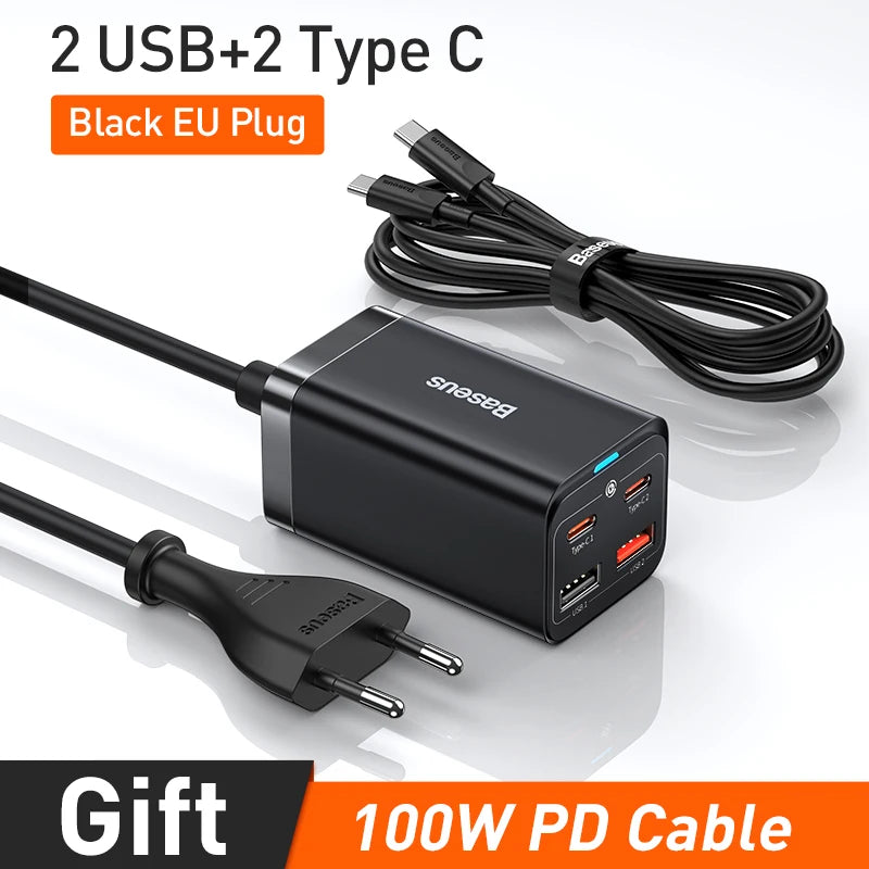 Baseus GaN3 100W / 65W Desktop Charger – Quick Charge QC 3.0/4.0 USB-C for iPhone 15, Huawei, Xiaomi & MacBook