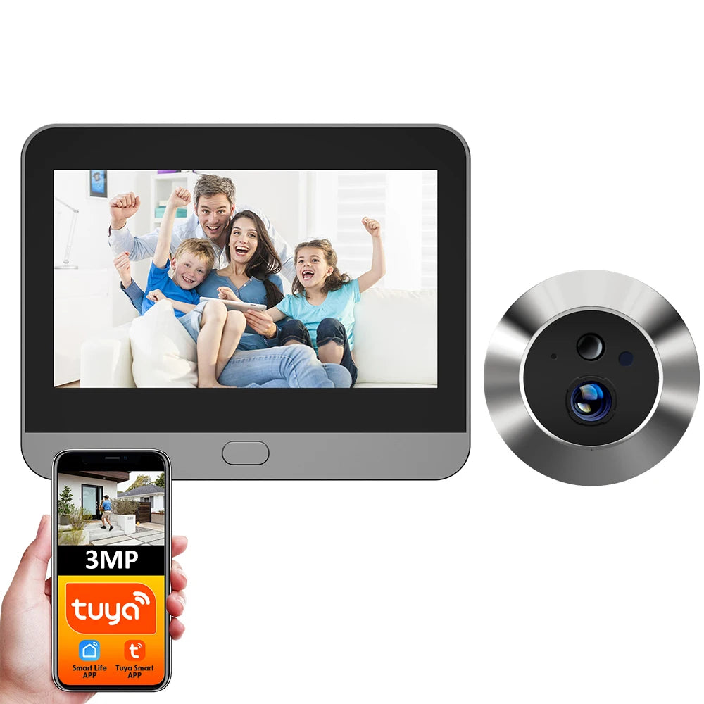 Tuya Smart 3MP WiFi Door Peephole Camera – 140° Wide Angle, PIR Detection, IR Night Vision | Alexa & Google