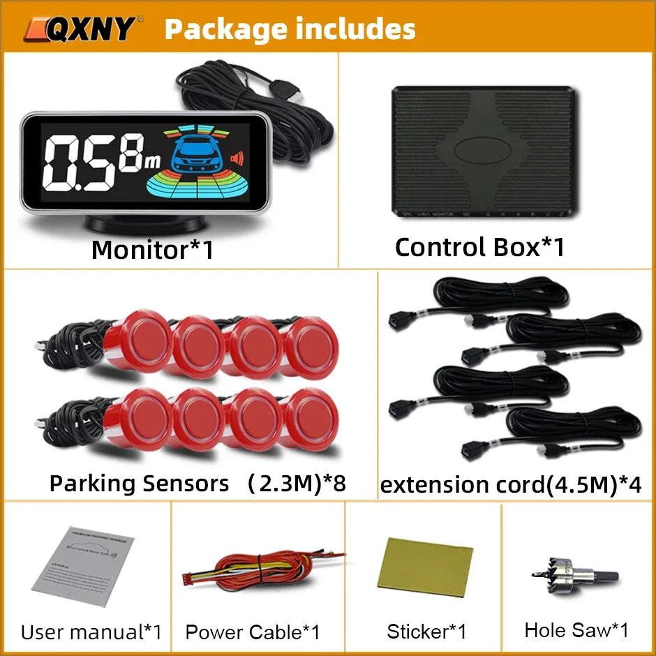8-Sensor Parktronic Parking Kit – Front & Rear Radar Detector, Backup Assistance with Sound Alert