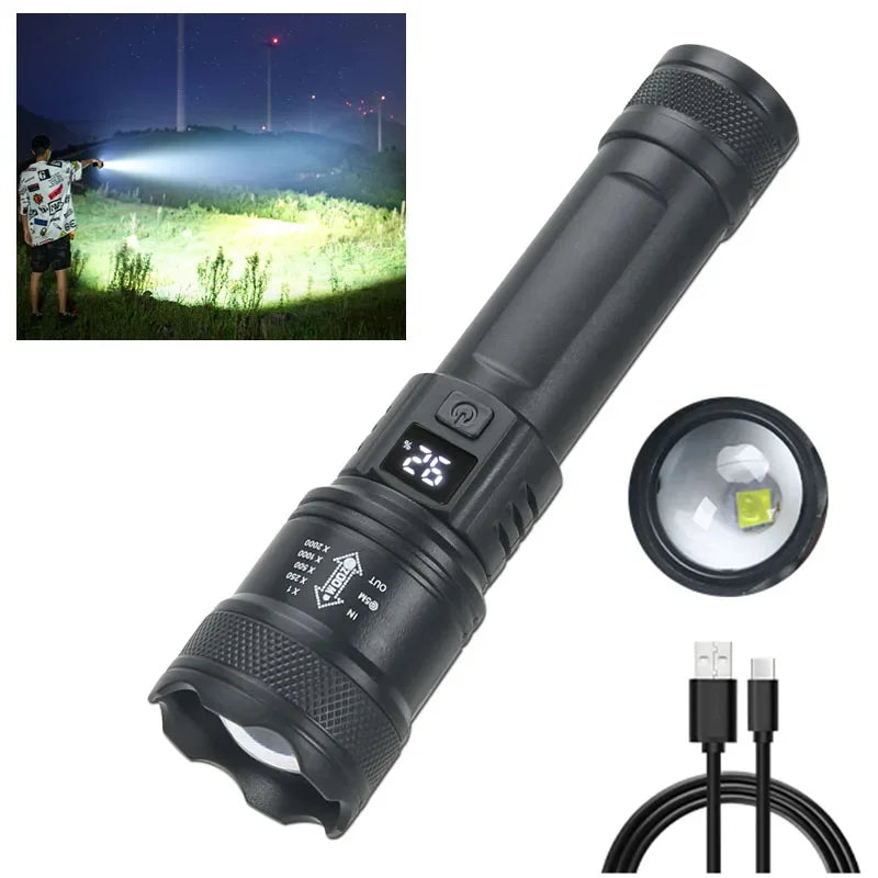 ZHIYU Taktische LED-Taschenlampe 2000LM – Zoombar, USB wiederaufladbar mit Powerbank & Display | Camping, Angeln, Notfall