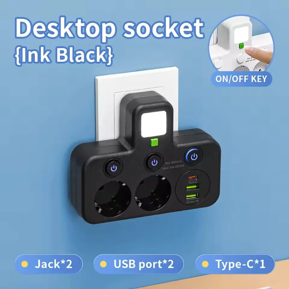EU Power Strip | 4 AC Outlets, 2 USB + 1 Type-C, Individual Switches & Night Light