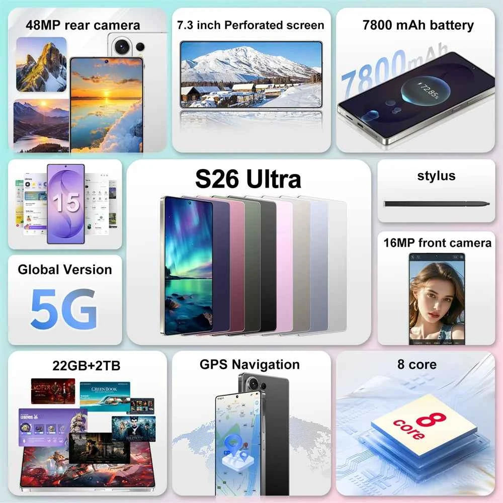 S26 Ultra 5G Smartphone | 7.3" Display, 7800mAh, 108MP Camera, Android 15, Dual SIM