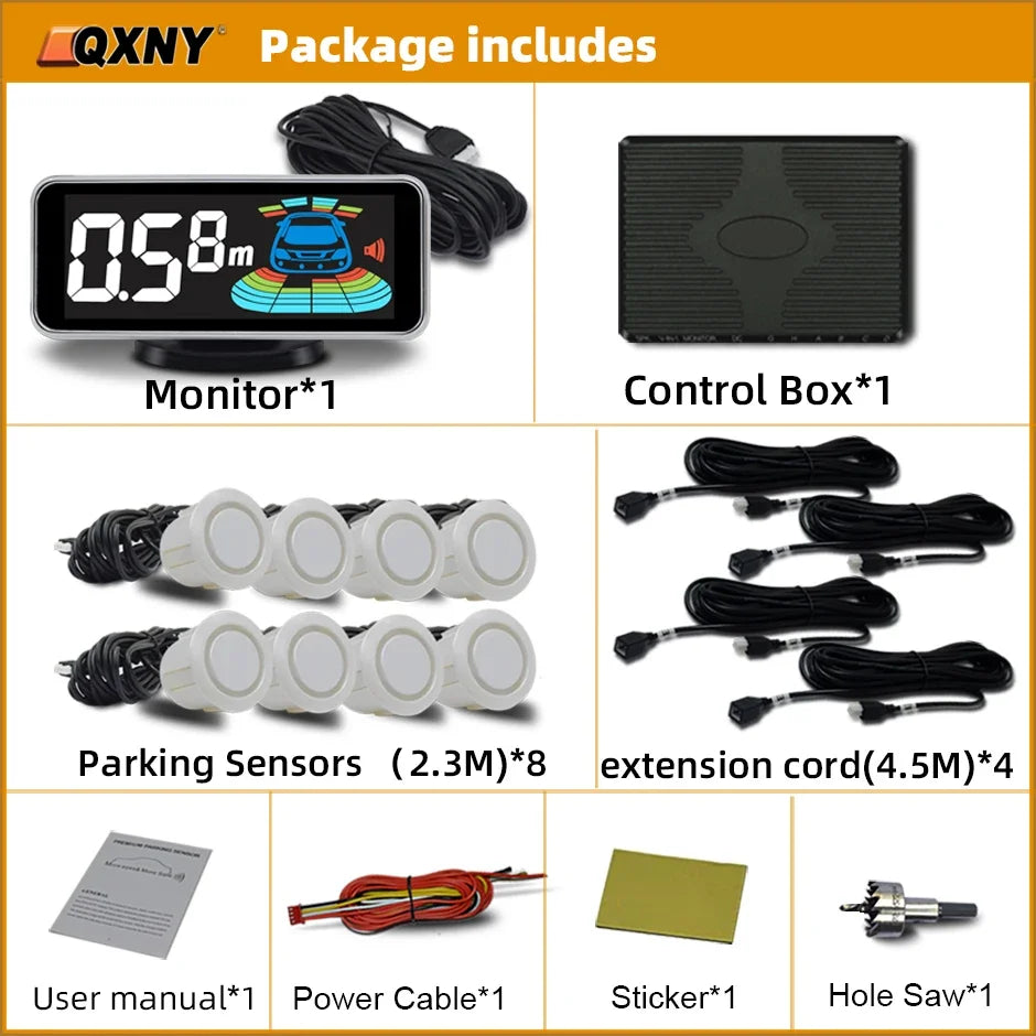 8-Sensor Parktronic Parking Kit – Front & Rear Radar Detector, Backup Assistance with Sound Alert