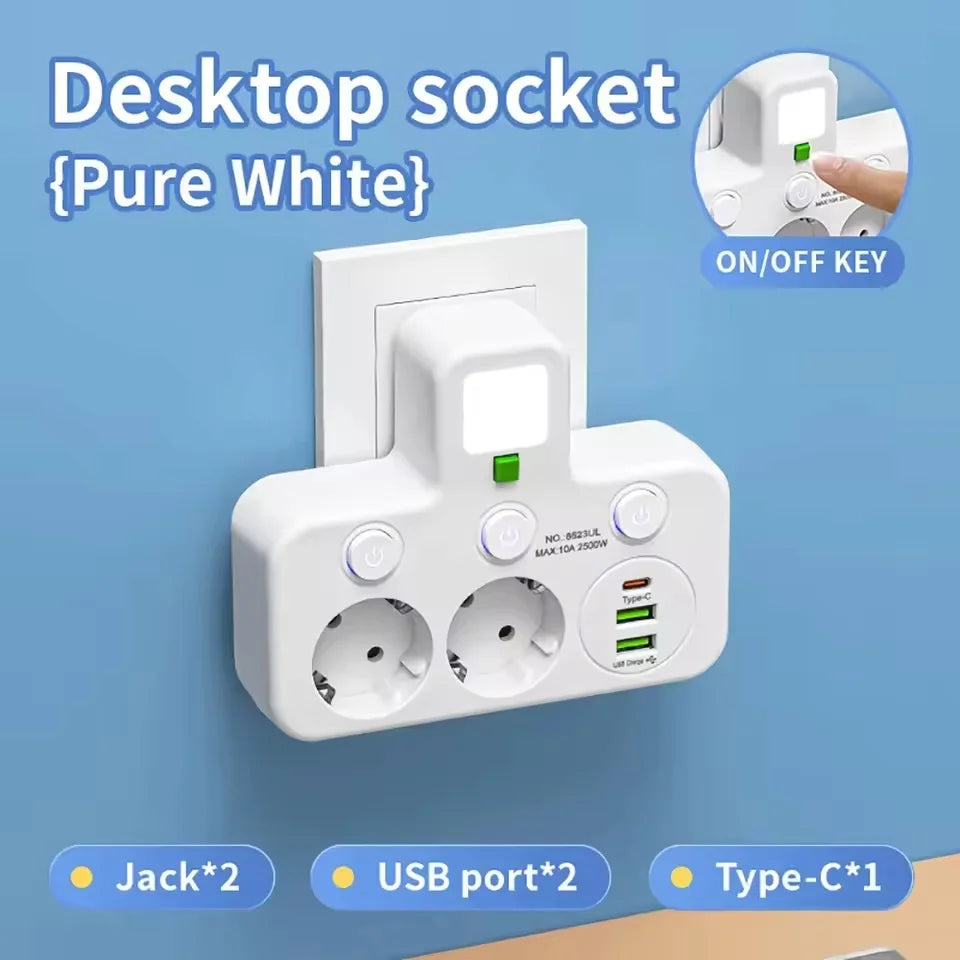 EU Power Strip | 4 AC Outlets, 2 USB + 1 Type-C, Individual Switches & Night Light