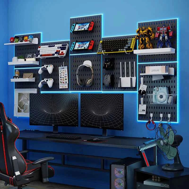 No-Drill Gaming Room Pegboard Wall Organizer – Controller, Headphone & Keyboard Storage Rack