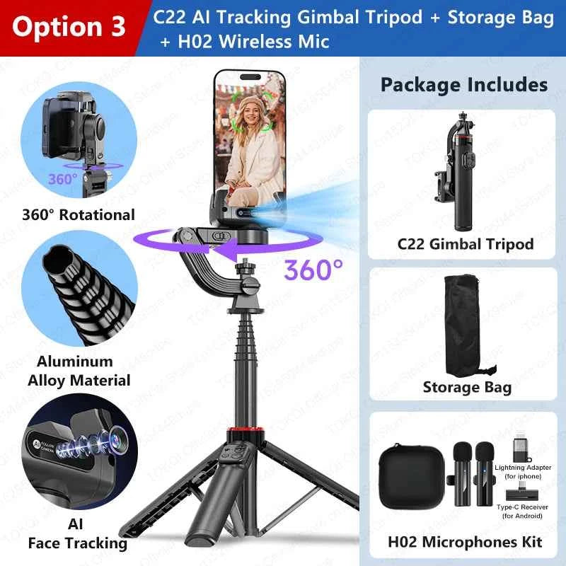 C22 AI Face Tracking Gimbal Stabiliser — 360° Rotation | Selfie Stick & Tripod | Phone & Camera
