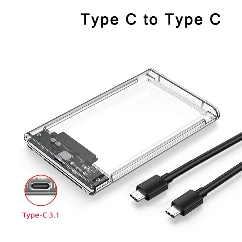 2.5" SSD & HDD Enclosure – Transparent USB 3.0 / Type-C External Hard Drive Case, Tool-Free