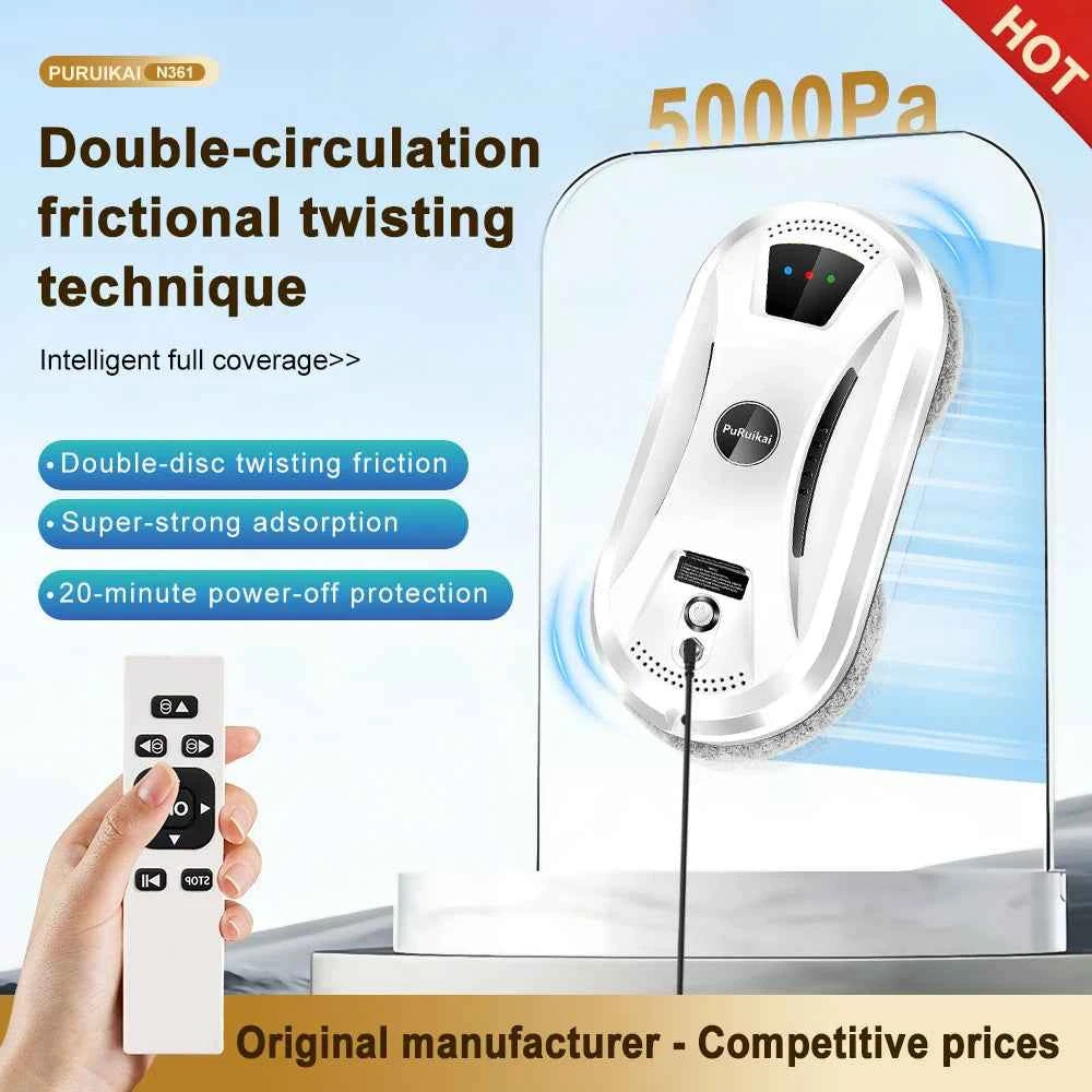 PuRuiKai PRK-N361 Window Cleaning Robot – 5600Pa Suction, Remote Control, 20-Min Power-Loss Protection | EU, UK, US, AU Plug
