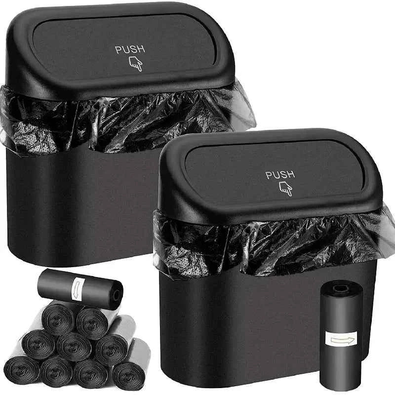 HOMEFISH Mini Car Trash Can with Lid – Leak-Proof Press-Top Bin with 3 Rolls of Black Garbage Bags