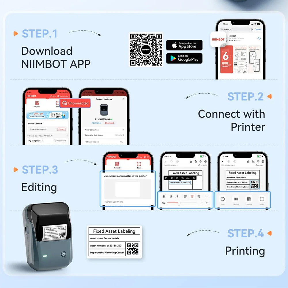 NIIMBOT B1 Portable Bluetooth Label Printer — 2-Inch Thermal Sticker Maker for Smartphones & PC